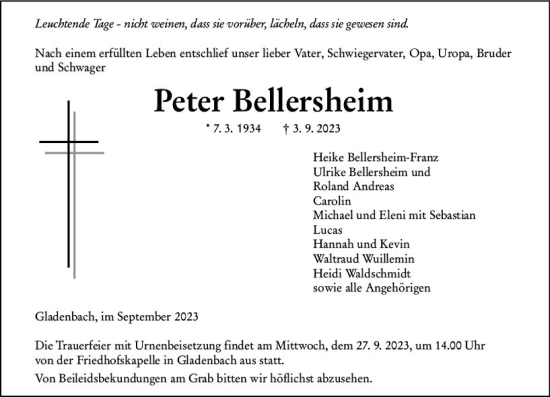 Traueranzeige von Peter Bellersheim von Hinterländer Anzeiger
