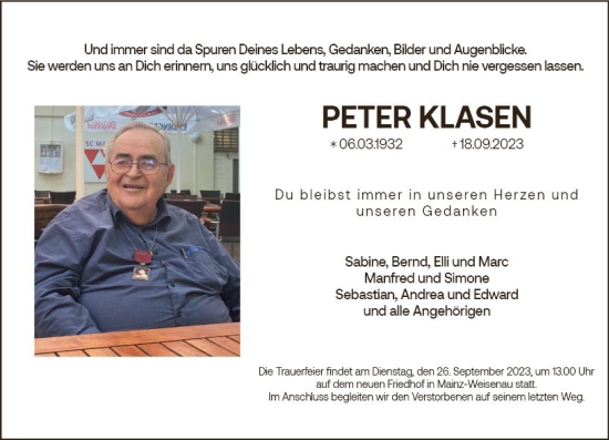 Traueranzeige von Peter Klasen von Allgemeine Zeitung Mainz