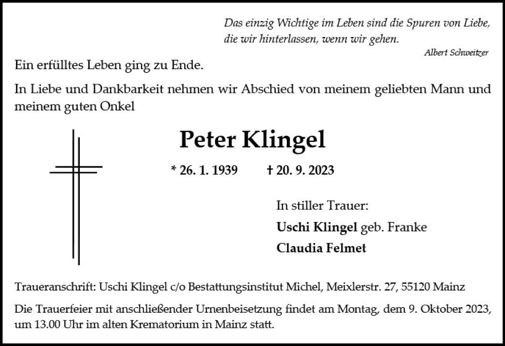  Traueranzeige für Peter Klingel vom 30.09.2023 aus Allgemeine Zeitung Mainz