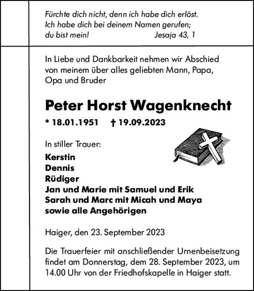  Traueranzeige für Peter Horst Wagenknecht vom 23.09.2023 aus Dill Block