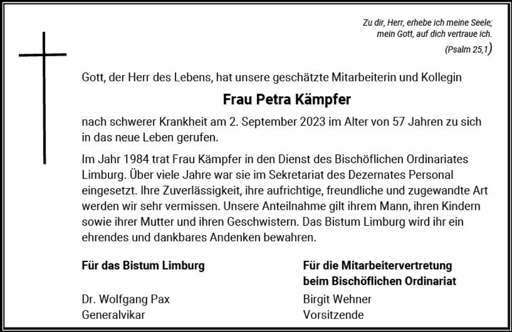  Traueranzeige für Petra Kämpfer vom 08.09.2023 aus Nassauische Neue Presse