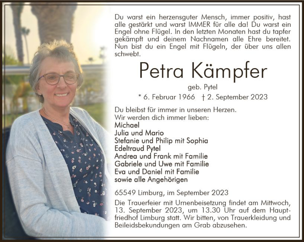  Traueranzeige für Petra Kämpfer vom 09.09.2023 aus Nassauische Neue Presse