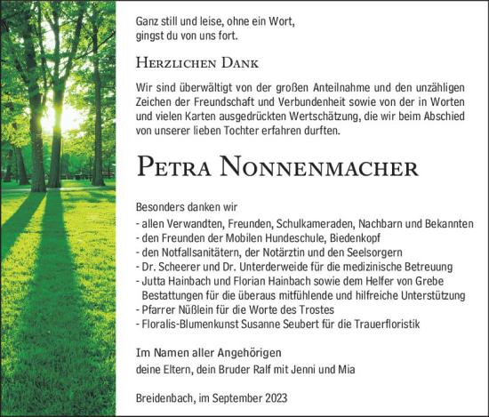 Traueranzeige von Petra Nonnenmacher von Hinterländer Anzeiger