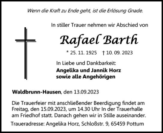 Traueranzeige von Rafael Barth von Nassauische Neue Presse