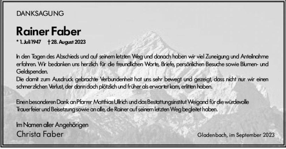  Traueranzeige für Rainer Faber vom 30.09.2023 aus Hinterländer Anzeiger
