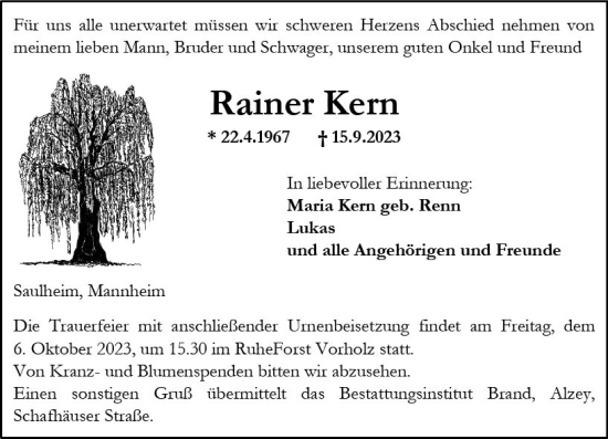Traueranzeige von Rainer Kern von Allgemeine Zeitung Alzey
