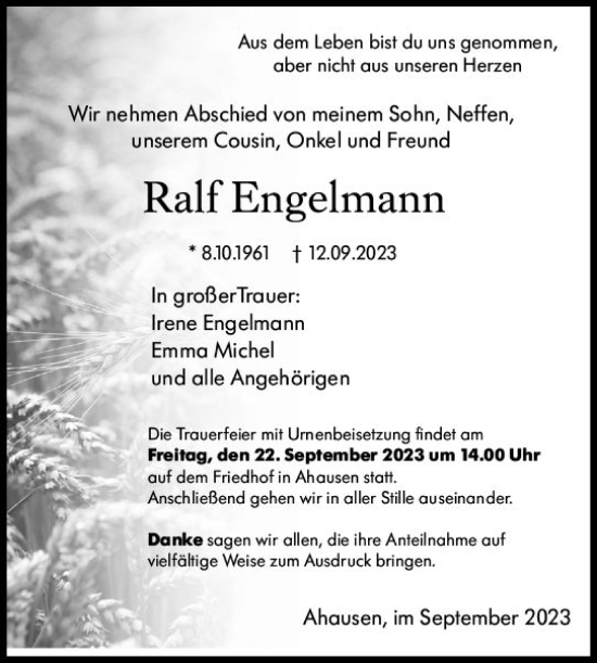 Traueranzeige von Ralf Engelmann von Weilburger Tageblatt