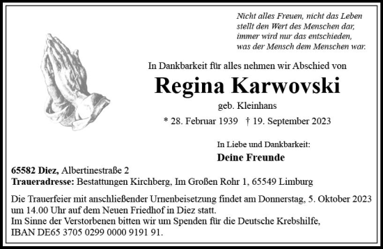 Traueranzeige von Regina Karwovski von Nassauische Neue Presse