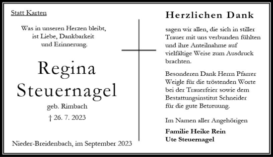 Traueranzeige von Regina Steuernagel von Oberhessen Kurier