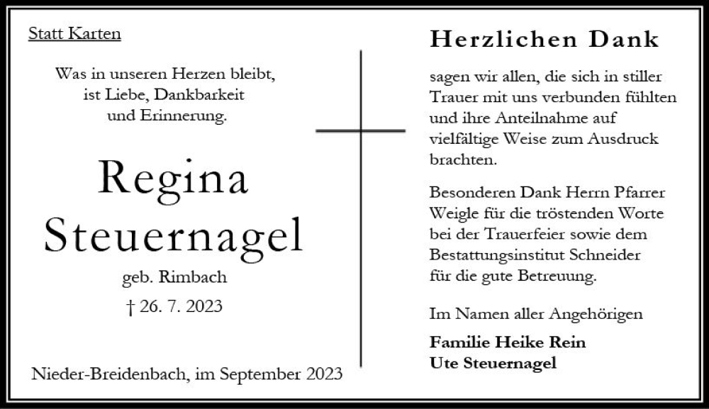  Traueranzeige für Regina Steuernagel vom 02.09.2023 aus Oberhessen Kurier