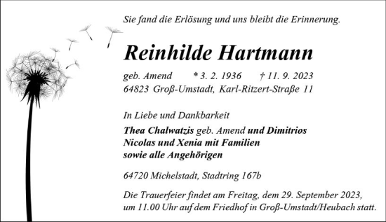 Traueranzeige von Reinbilde Hartmann von Odenwälder Echo