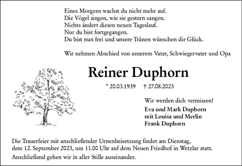  Traueranzeige für Reiner Duphorn vom 09.09.2023 aus Wetzlarer Neue Zeitung
