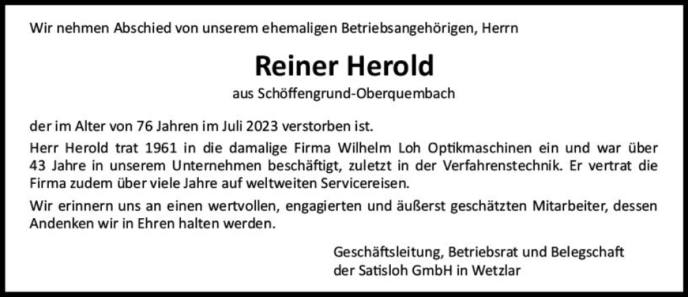  Traueranzeige für Reiner Herold vom 23.09.2023 aus Wetzlarer Neue Zeitung