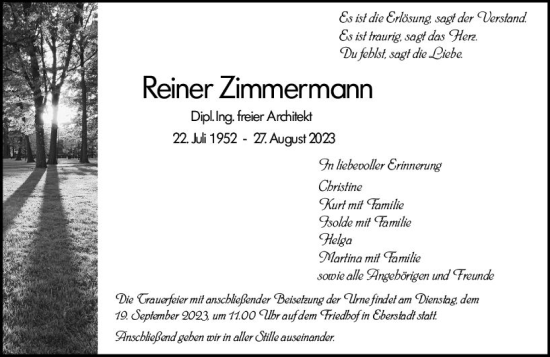 Traueranzeige von Reiner Zimmermann von Darmstädter Echo
