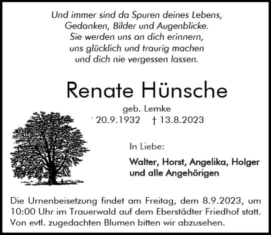 Traueranzeige von Renate Hünsche von Darmstädter Echo