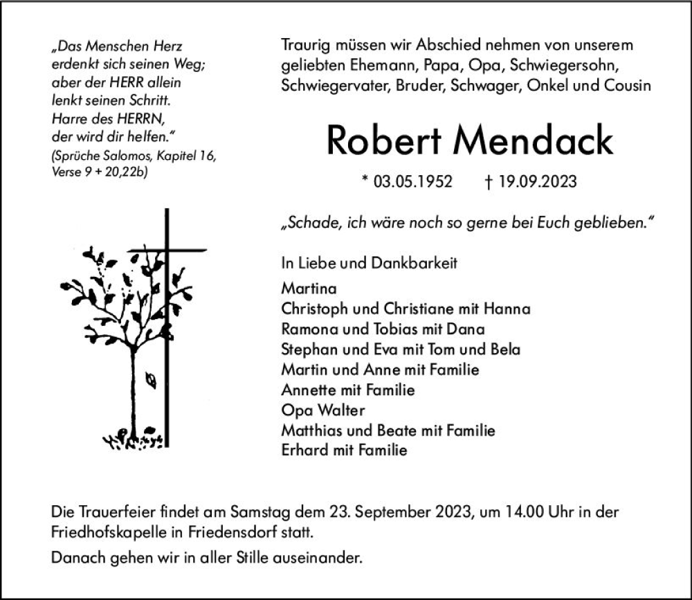  Traueranzeige für Robert Mendack vom 21.09.2023 aus Hinterländer Anzeiger