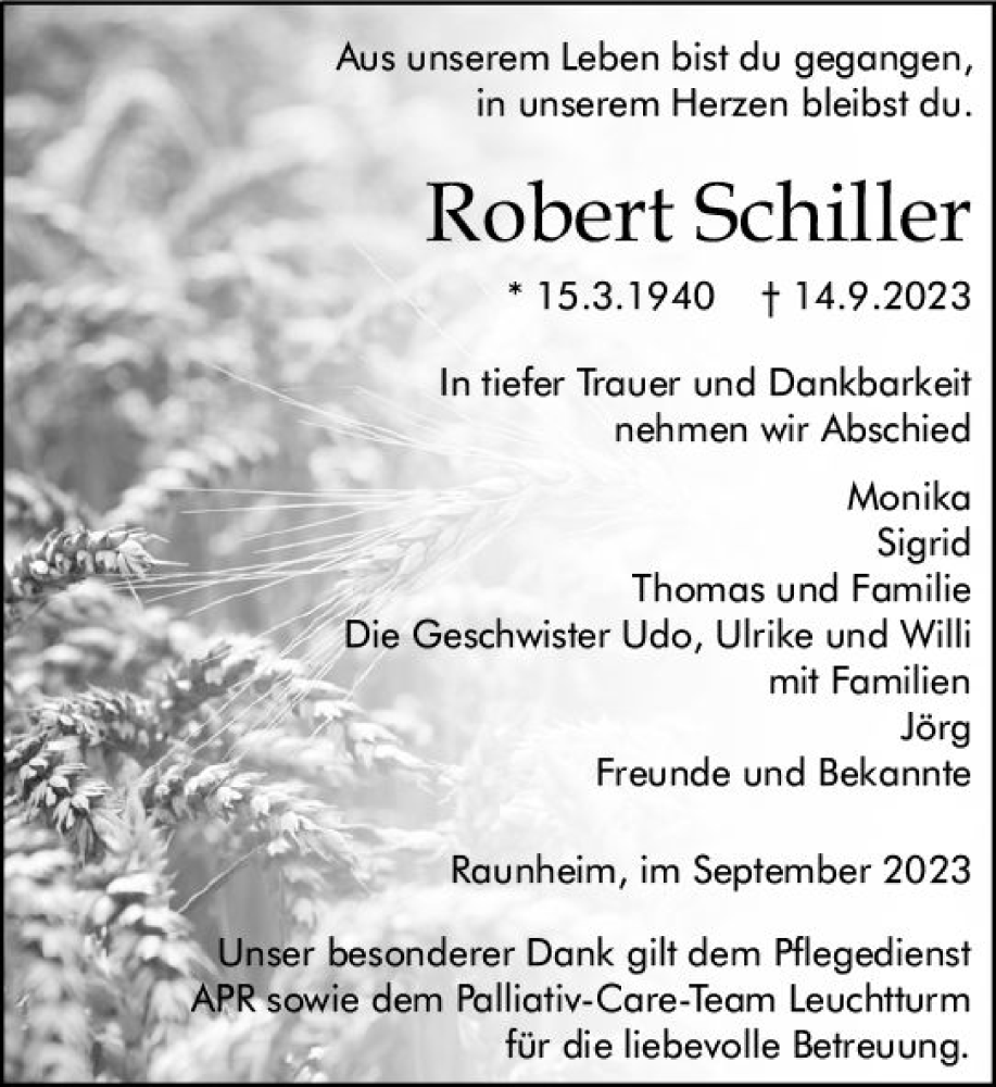  Traueranzeige für Robert Schiller vom 23.09.2023 aus Rüsselsheimer Echo