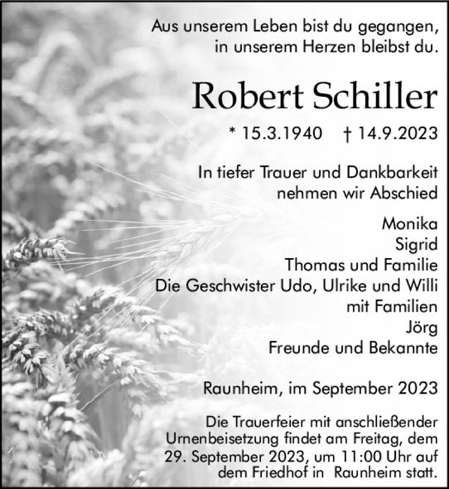  Traueranzeige für Robert Schiller vom 26.09.2023 aus Rüsselsheimer Echo