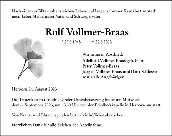 Traueranzeige von Rolf Vollmer-Braas von Dill Block