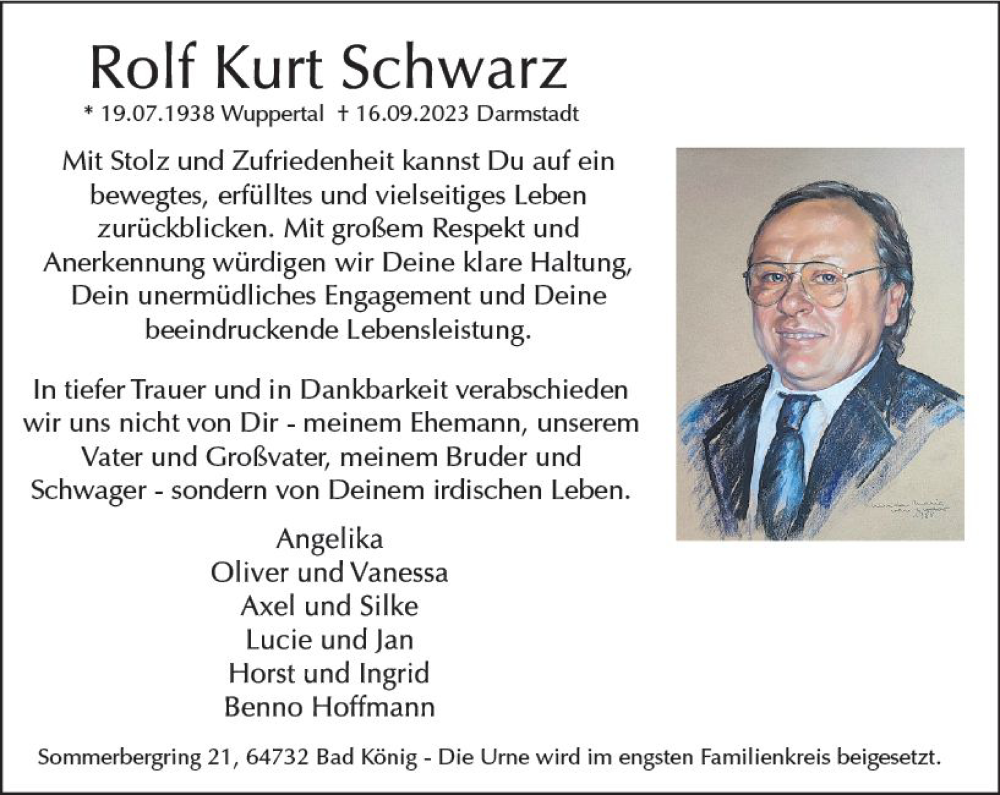  Traueranzeige für Rolf Kurt Schwarz vom 23.09.2023 aus Odenwälder Echo