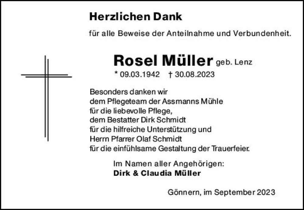  Traueranzeige für Rosel Müller vom 14.09.2023 aus Hinterländer Anzeiger