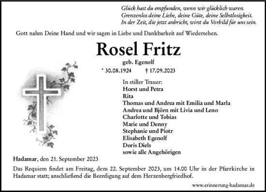 Traueranzeige von Rosel Fritz von Nassauische Neue Presse
