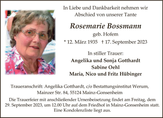 Traueranzeige von Rosemarie Bossmann von Allgemeine Zeitung Mainz