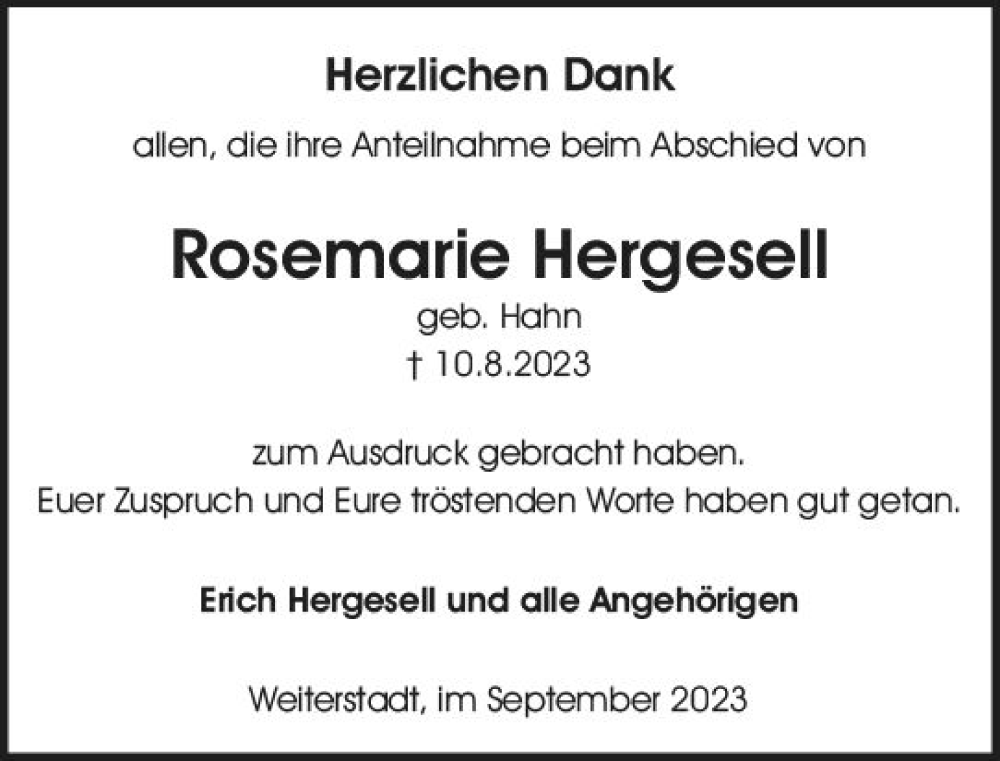  Traueranzeige für Rosemarie Hergesell vom 16.09.2023 aus Darmstädter Echo