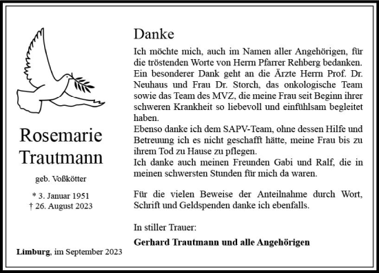 Traueranzeige von Rosemarie Trautmann von Nassauische Neue Presse