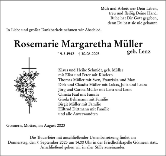 Traueranzeige von Rosemarie Margaretha Müller von Hinterländer Anzeiger