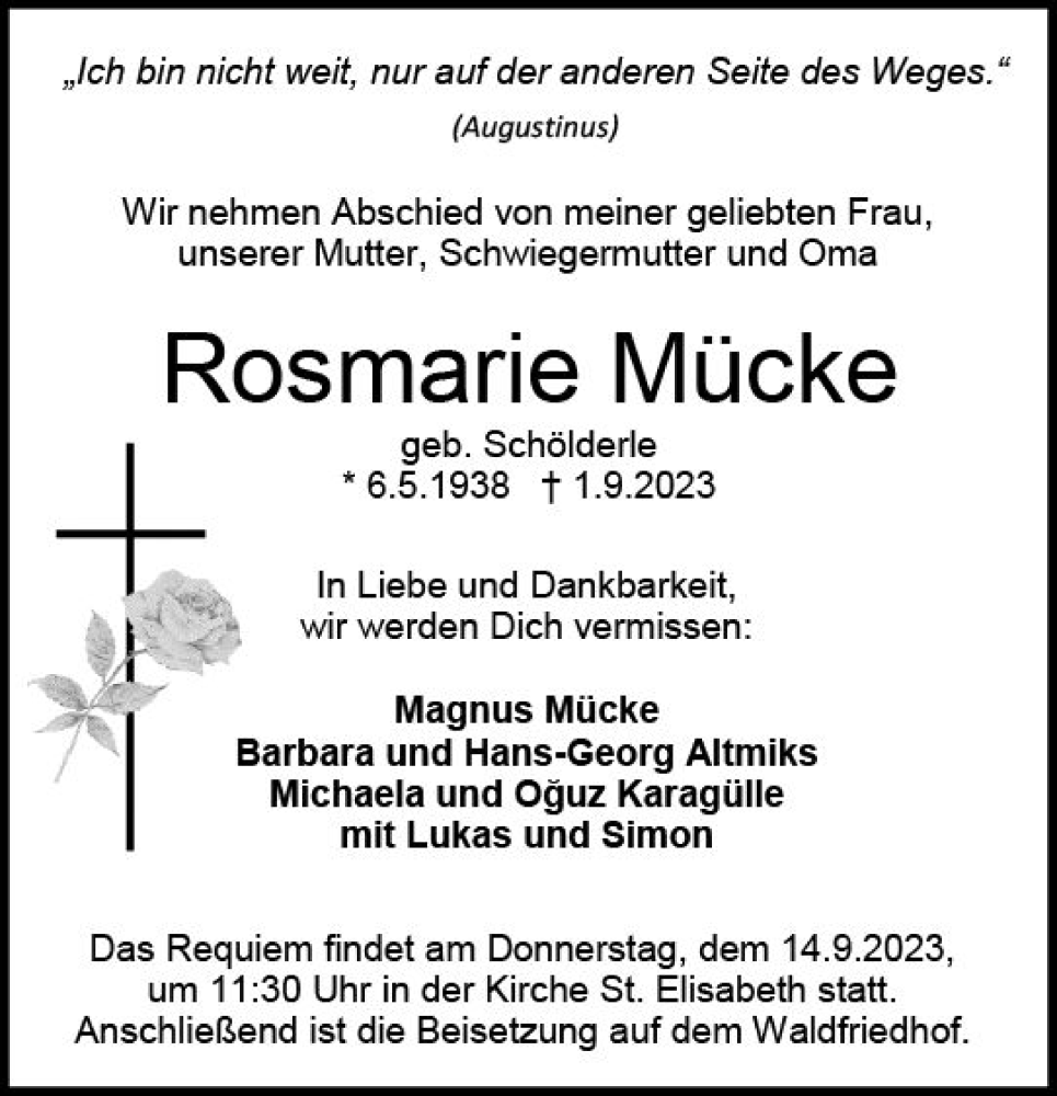  Traueranzeige für Rosmarie Mücke vom 09.09.2023 aus Darmstädter Echo