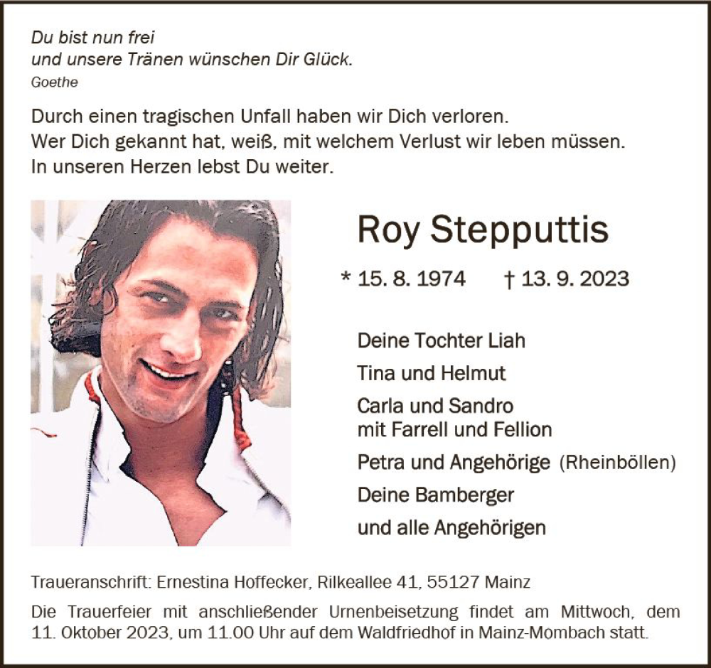  Traueranzeige für Roy Stepputtis vom 30.09.2023 aus Allgemeine Zeitung Mainz