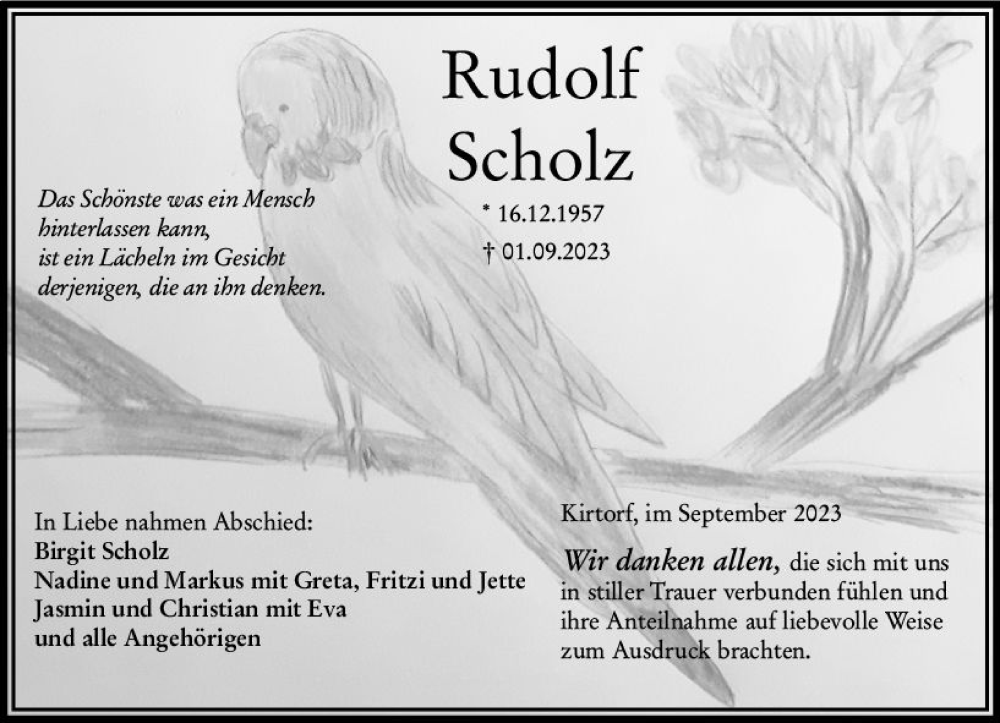  Traueranzeige für Rudolf Scholz vom 30.09.2023 aus Oberhessen Kurier