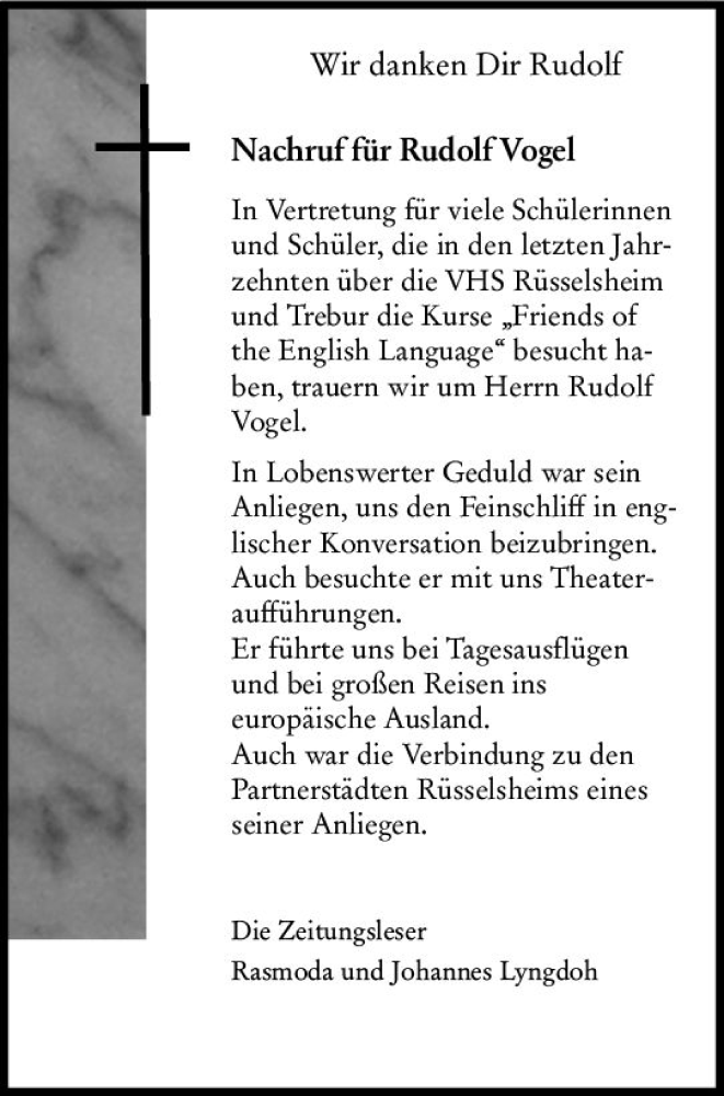  Traueranzeige für Rudolf Vogel vom 30.09.2023 aus Rüsselsheimer Echo