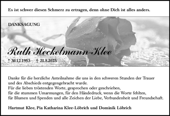 Traueranzeige von Ruth Heckelmann-Klee von Wetzlarer Neue Zeitung