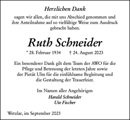 Traueranzeige von Ruth Schneider von Wetzlarer Neue Zeitung