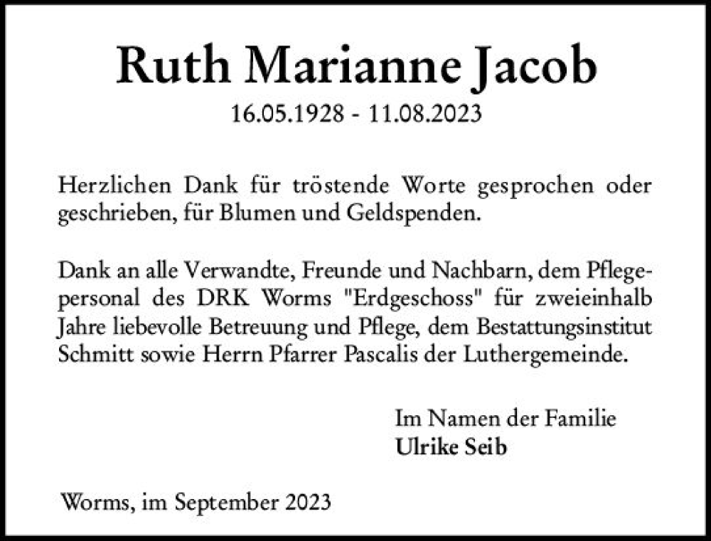  Traueranzeige für Ruth Marianne Jacob vom 16.09.2023 aus Wormser Zeitung
