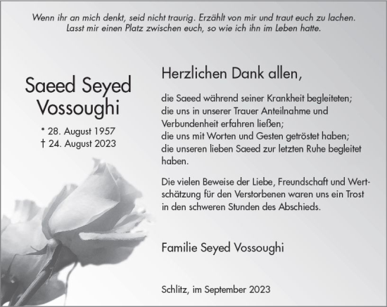 Traueranzeige von Saeed Seyed Vossoughi von VRM Trauer