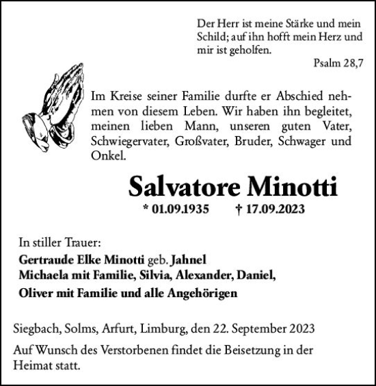 Traueranzeige von Salvatore Minotti von Dill Block