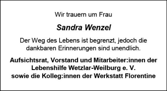 Traueranzeige von Sandra Wenzel von Weilburger Tageblatt