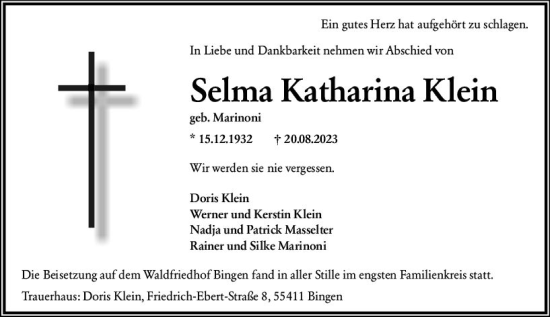 Traueranzeige von Selma Katharina Klein von Allgemeine Zeitung Bingen/Ingelheim