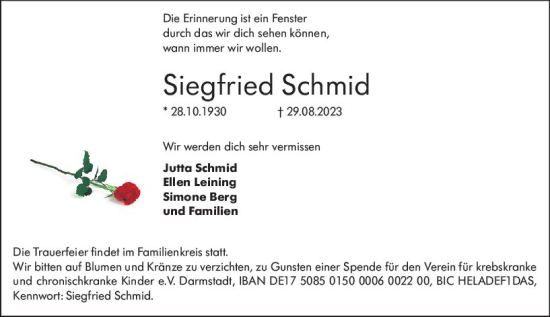 Traueranzeige von Siegfried Schmid von Darmstädter Echo