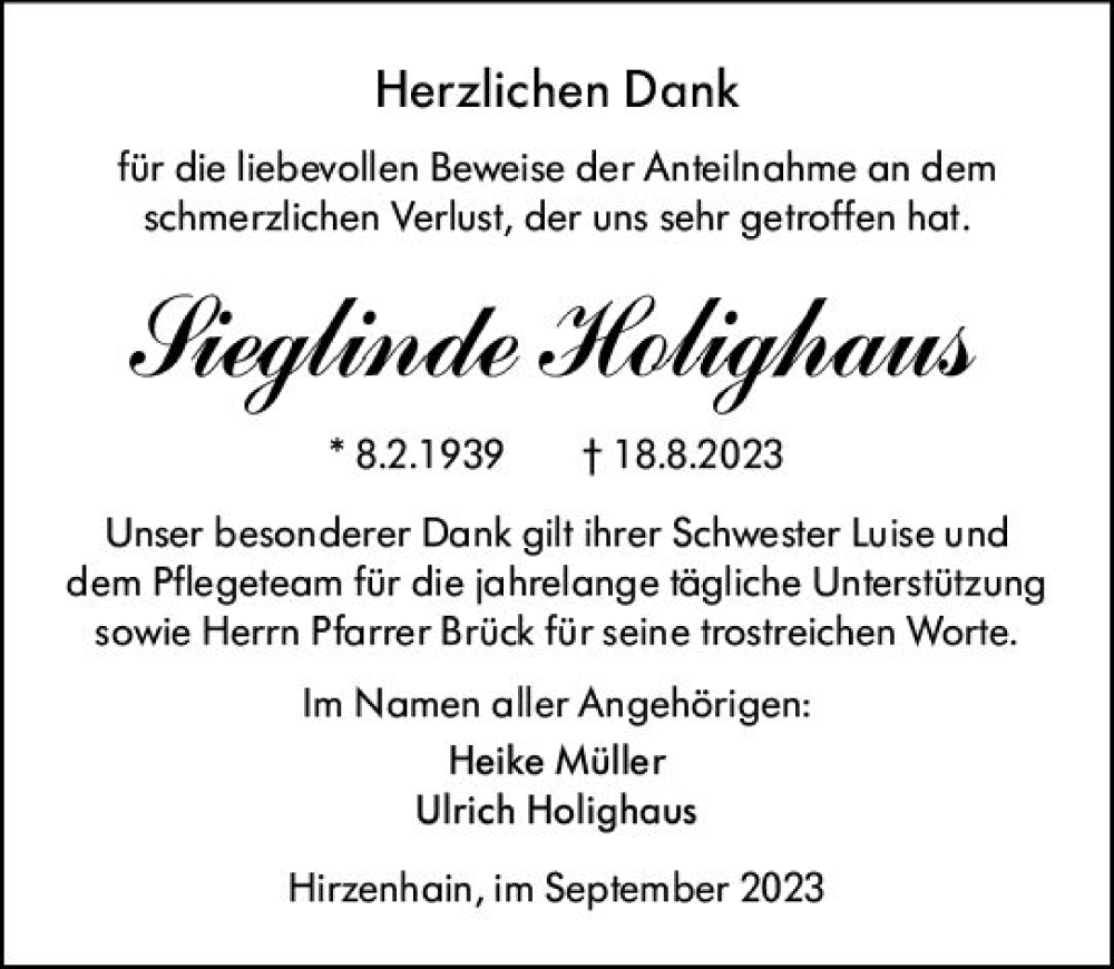  Traueranzeige für Sieglinde Holighaus vom 23.09.2023 aus Dill Block