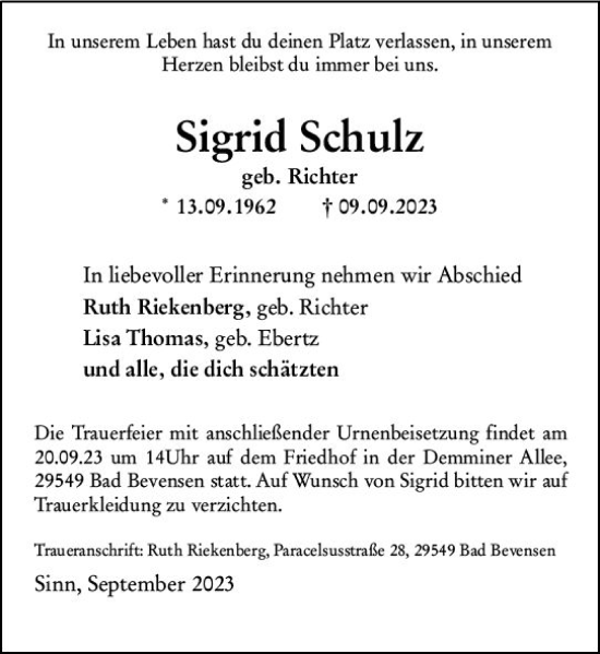 Traueranzeige von Sigrid Schulz von Dill Block