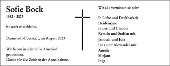 Traueranzeige von Sofie Bock von Darmstädter Echo