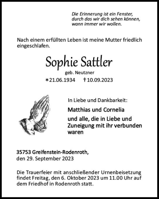 Traueranzeige von Sophie Sattler von Dill Block