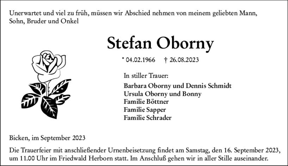  Traueranzeige für Stefan Oborny vom 13.09.2023 aus Dill Block