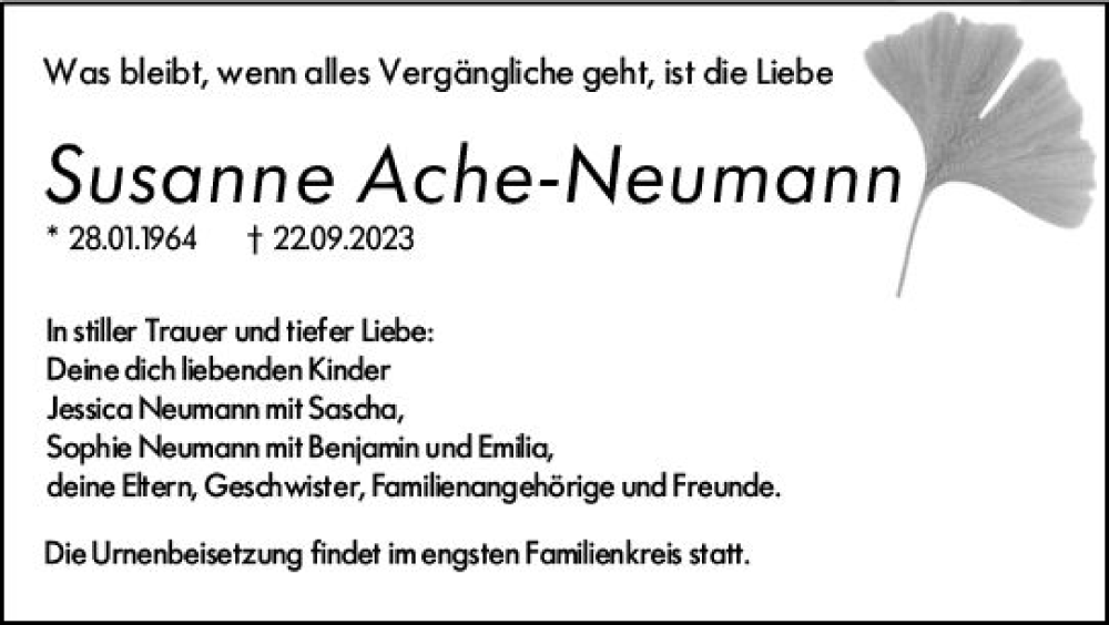  Traueranzeige für Susanne Ache-Neumann vom 28.09.2023 aus Wetzlarer Neue Zeitung