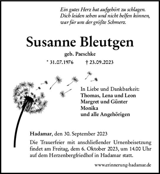 Traueranzeige von Susanne Bleutgen von Nassauische Neue Presse