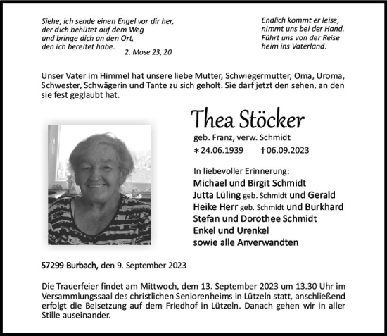 Traueranzeige von Thea Stöcker von Dill Block